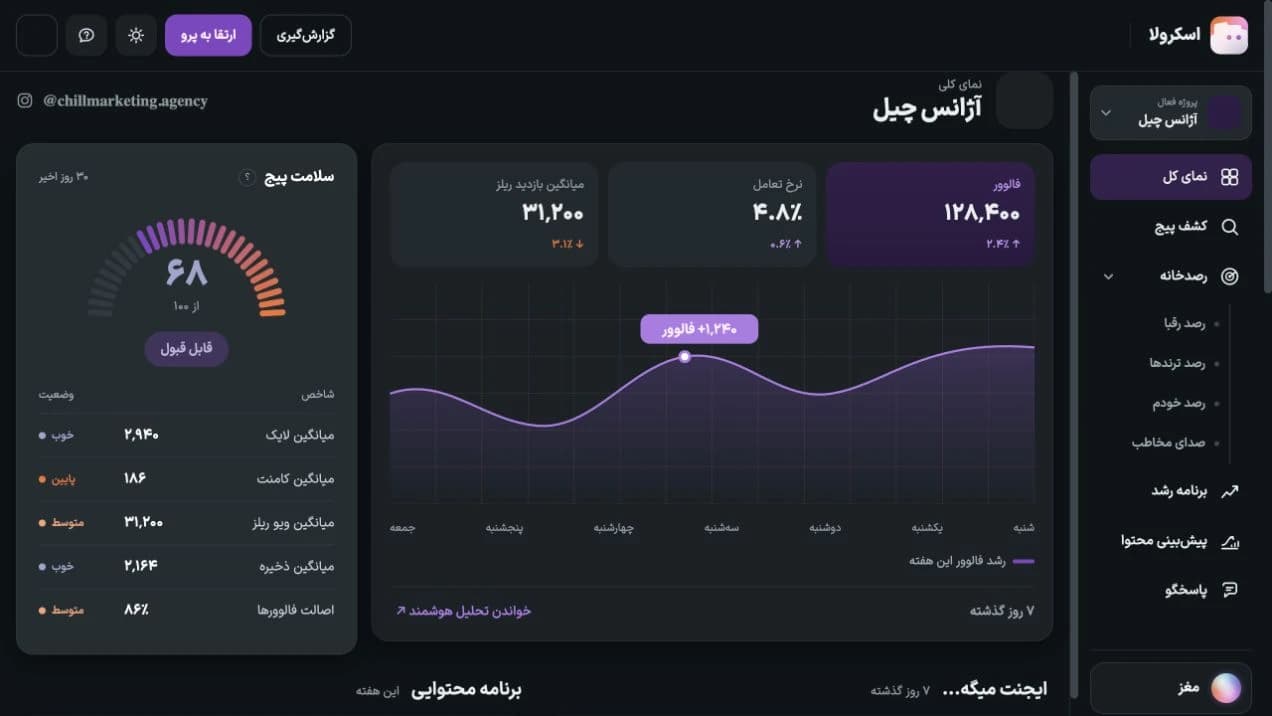 نمای اصلی داشبورد اسکرولا؛ تحلیل پیج، نمودار عملکرد، سلامت پیج و برنامه محتوایی